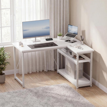 JUMMICO Small 120x80cm L-Shaped Corner Desk with Storage,Compact Corner Computer Desk for Home Office, White
