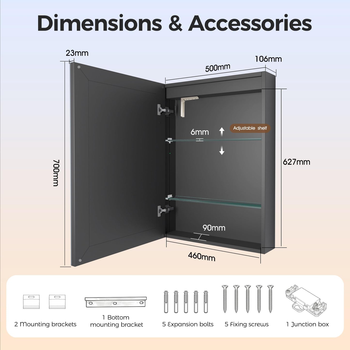 STARLEAD Illuminated-Bathroom-Mirror-Cabinets-with-Lights 500x700mm, Matte Black Aluminium Wall-Mounted-Storage with Adjustable Shelves