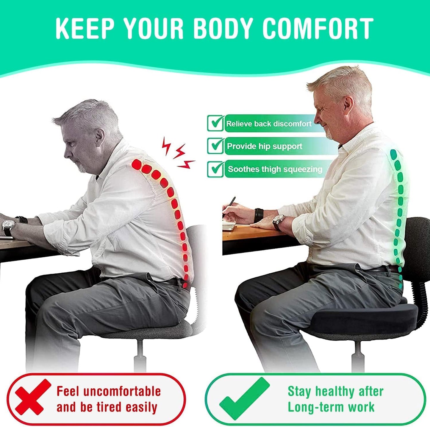 Qollection Seat Cushion, Hip Support, Heat Sensitive & Durable Memory Foam Sitting zipper Desk Chair Cushion for Office