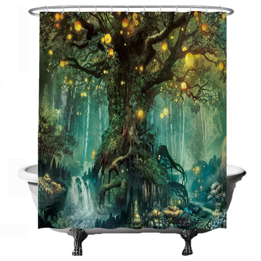 Ulticool Shower Curtain - Fairy Tale Elf Tree Magic Forest Nature - 180 x 200 cm - Washable - Waterproof - with 12 Rings