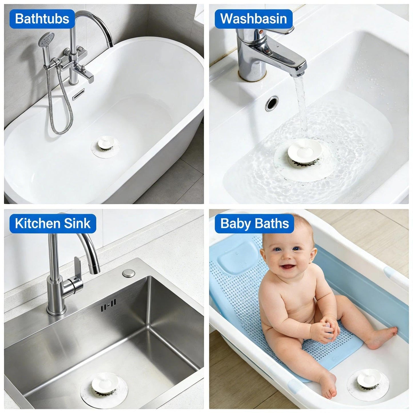 Universal Silicone Drain Plug - Washbasin Plug and Bathtub Plug with Press and Hair Strainer Function - Practical Drain Strainer for Washbasins