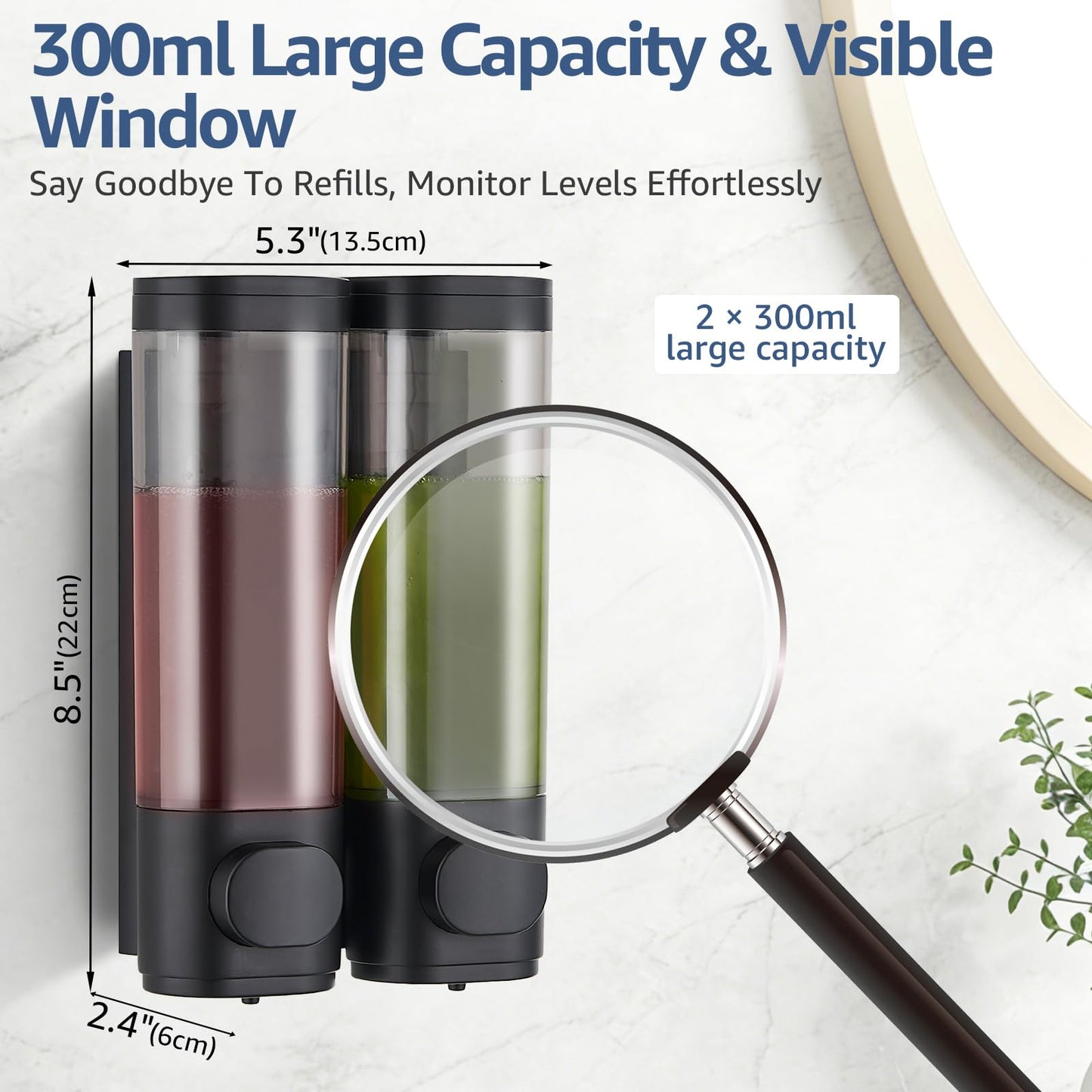 Pollock Wall Mounted Soap Dispenser, 300ml x 2 Shampoo and Conditioner Dispenser, No-Drill Installation Shower Soap Dispenser