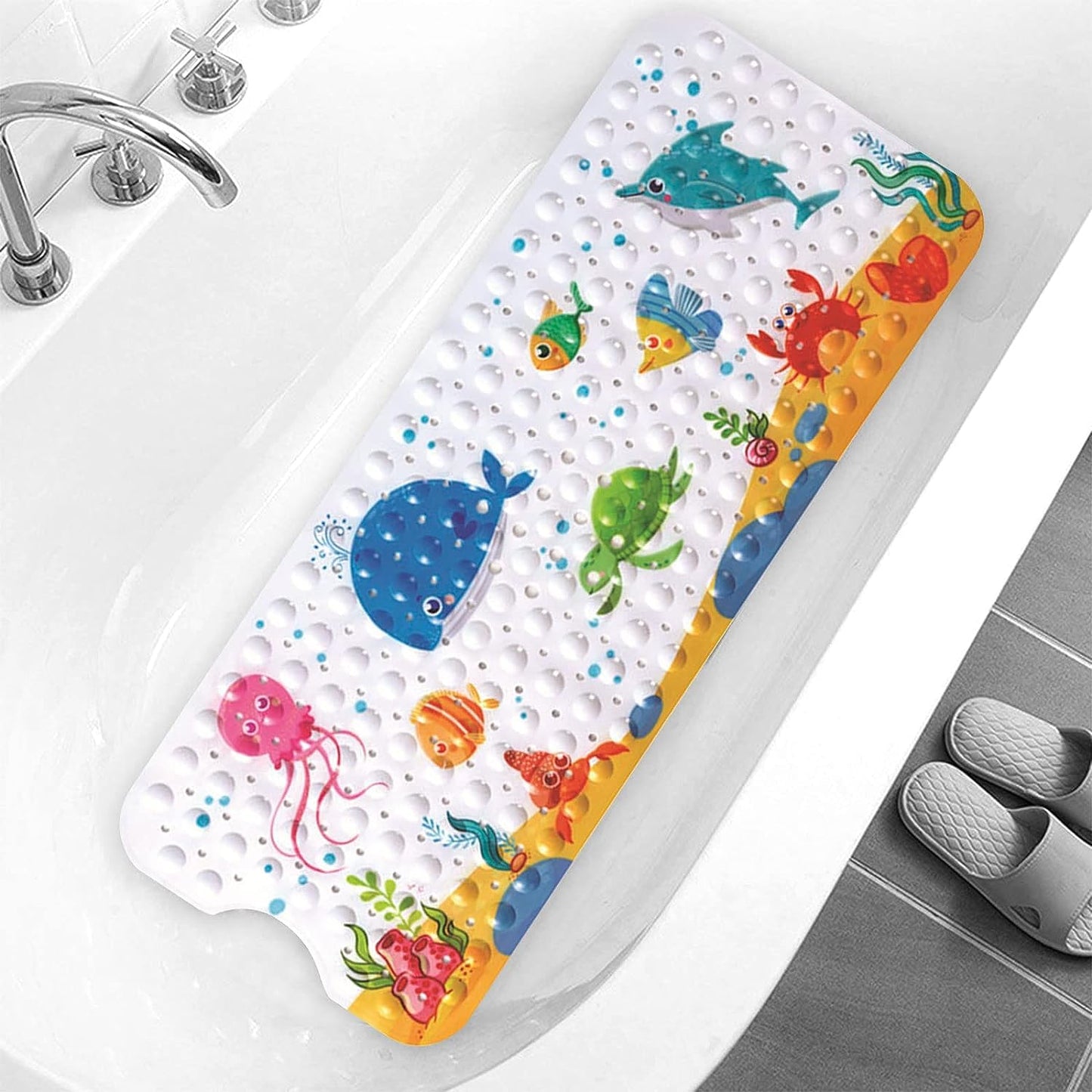 LATERN Bathtub Mat for Kid, 100CM x 40CM Extra Long Bath Tub Mat Anti Slip Shower Mat with Suction Cups and Drain Holes for Bathroom Wet Floor -