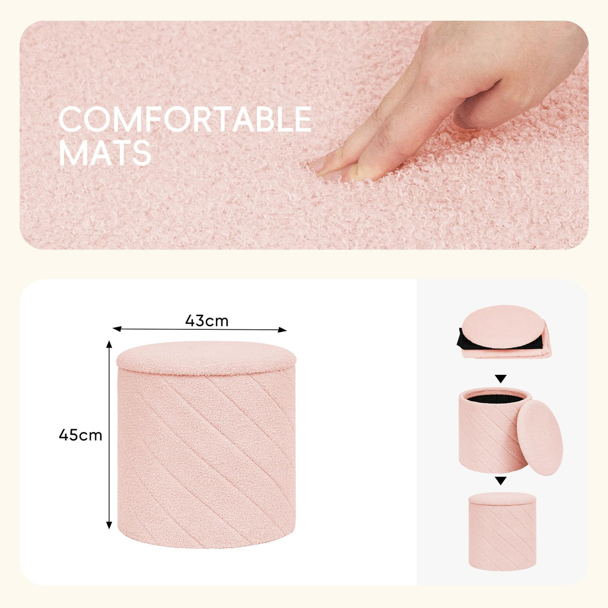 PINPLUS Round Ottoman Storage Box, Folding Stool, Pink, 43x43x45 cm