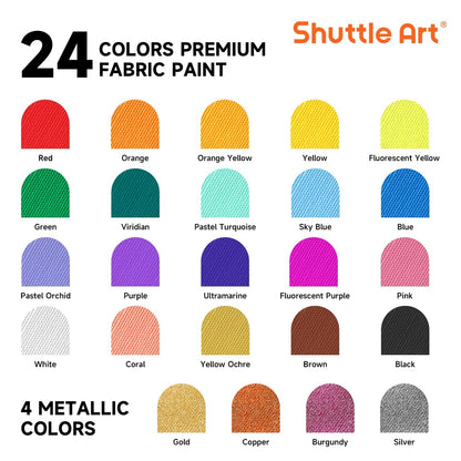 Shuttle Art Fabric Paint Permanent for Clothes, 24 Colours Fabric Paints in Bottles (60ml/2oz) with Brushes, Palette, Stencils, Non-Toxic Textile