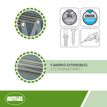 Amig - Wall Mounted Clothes Airer 140cm | Aluminium Drying Length | Extendable Clothes Line with 5 Bars | Dimensions: 140 x 14 x 3 cm | Foldable