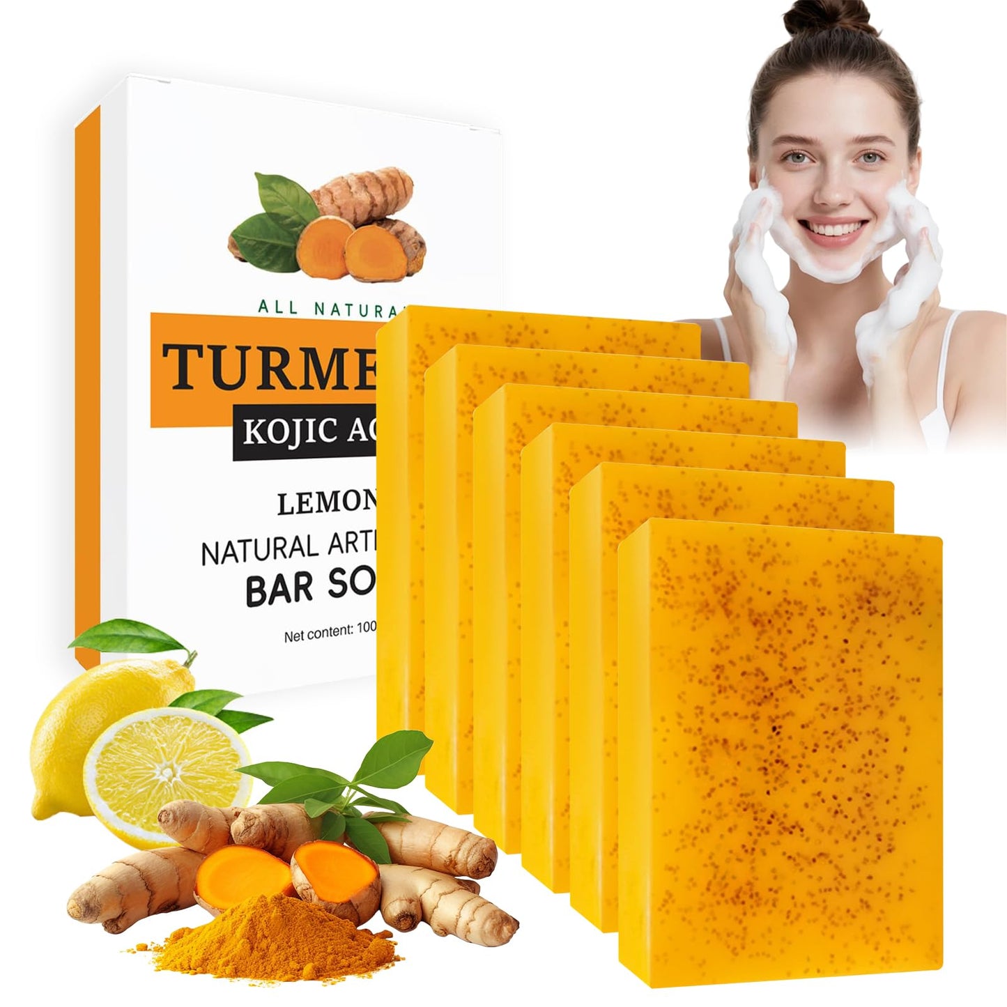 6PCS Turmeric Soap Bar, Kojic Acid Soap, Natural Handmade Kojic Soaps with Foaming Nets, Tumeric Soaps for Face Body, Acne Blackheads Dark Spot