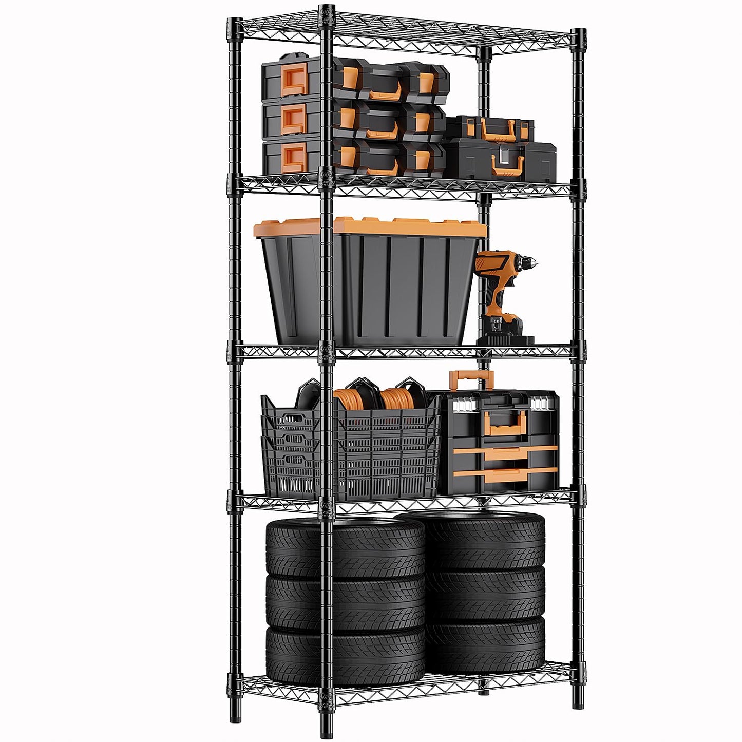 M MZG Height Adjustable Shelves,Heavy Duty Wire Pantry Shelving for Tool Sheds, Garage, and Storehouse,Metal,Black,5 tier, 35 x 60 x 158.7 cm