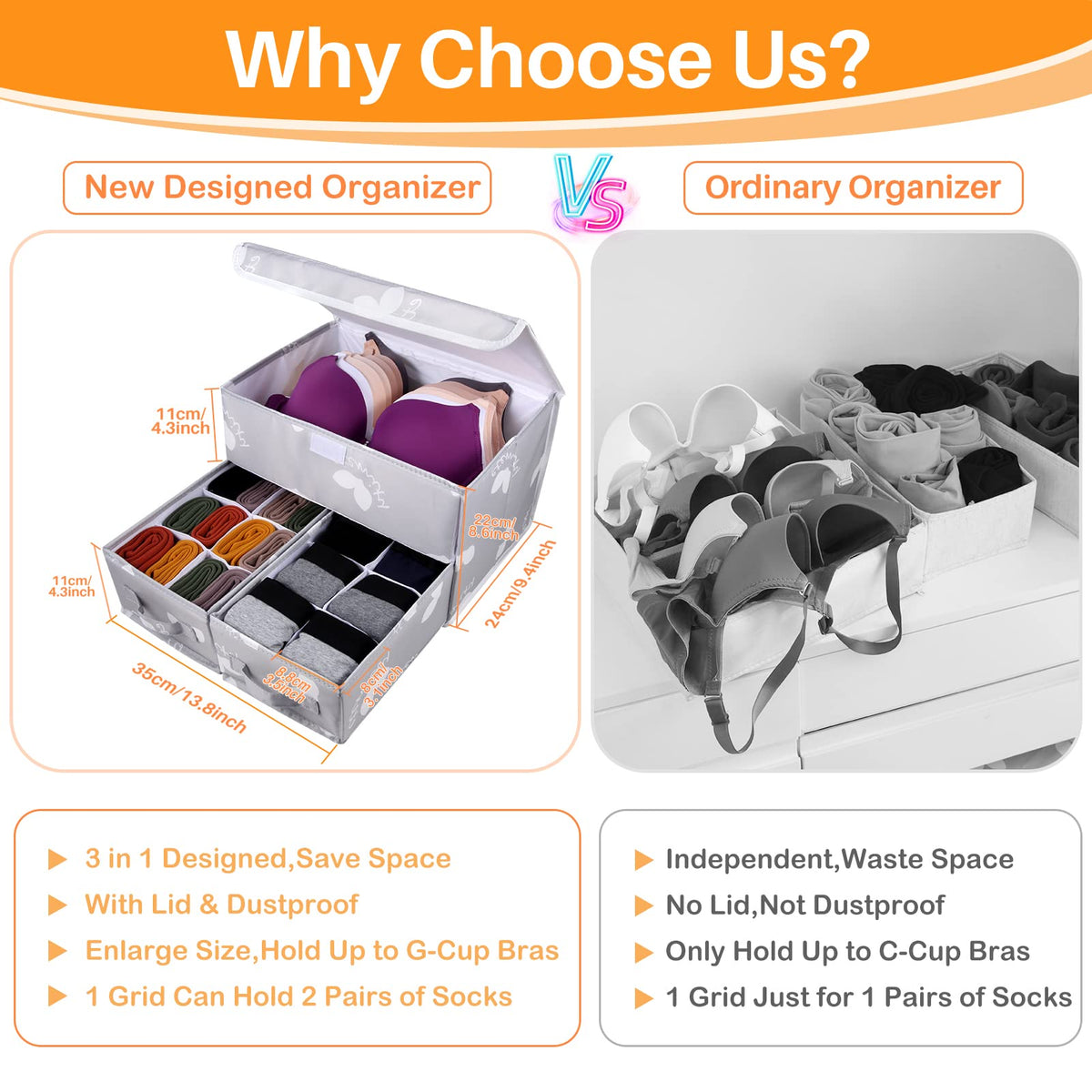 EASEVE Sock Underwear Drawer Organiser with Lid - Wardrobe Clothes Storage Boxes with Dividers, Foldable Fabric Closet Organizer for Bra, Sock, Shirt
