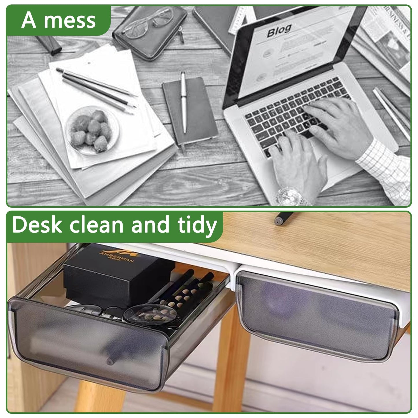 ASelected 2 Pack Under Desk Drawer, Self-Adhesive Under Desk Drawer Storage Box, Pop-up Hidden Under Desk Drawer for Office School Home Craft Room