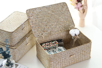 HAPYFURN Seagrass Storage Basket with Lid Rectangular Box for Toys Clothes Books Keys Natural Rattan Woven Multifunctional Makeup Organizer Set of 3