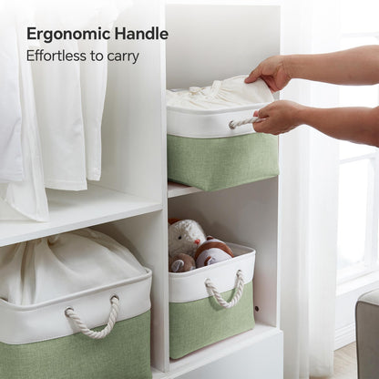 Mangata Soft Fabric Storage Basket with Handles, Multi-Size, Rectangular Linen Organiser Box for Shelf & Wardrobe, 31x21x16 cm, Green & White
