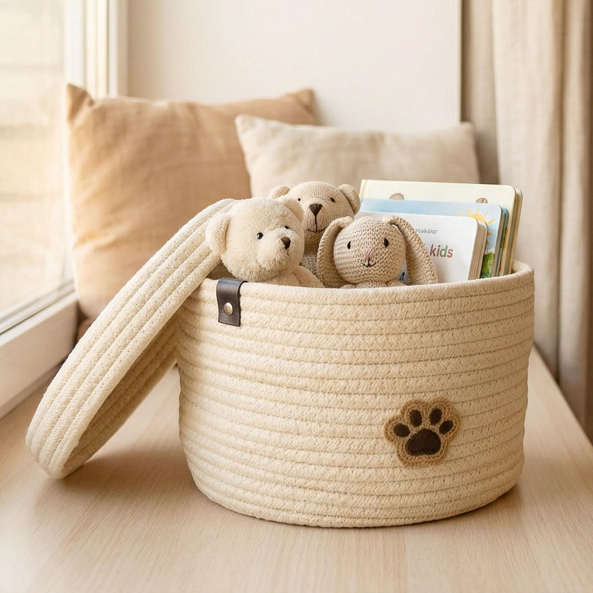 YancLife Storage Basket with Lid, Round Cotton Rope Woven Baskets, Stuffed Animal Toys Organizer for Nursery