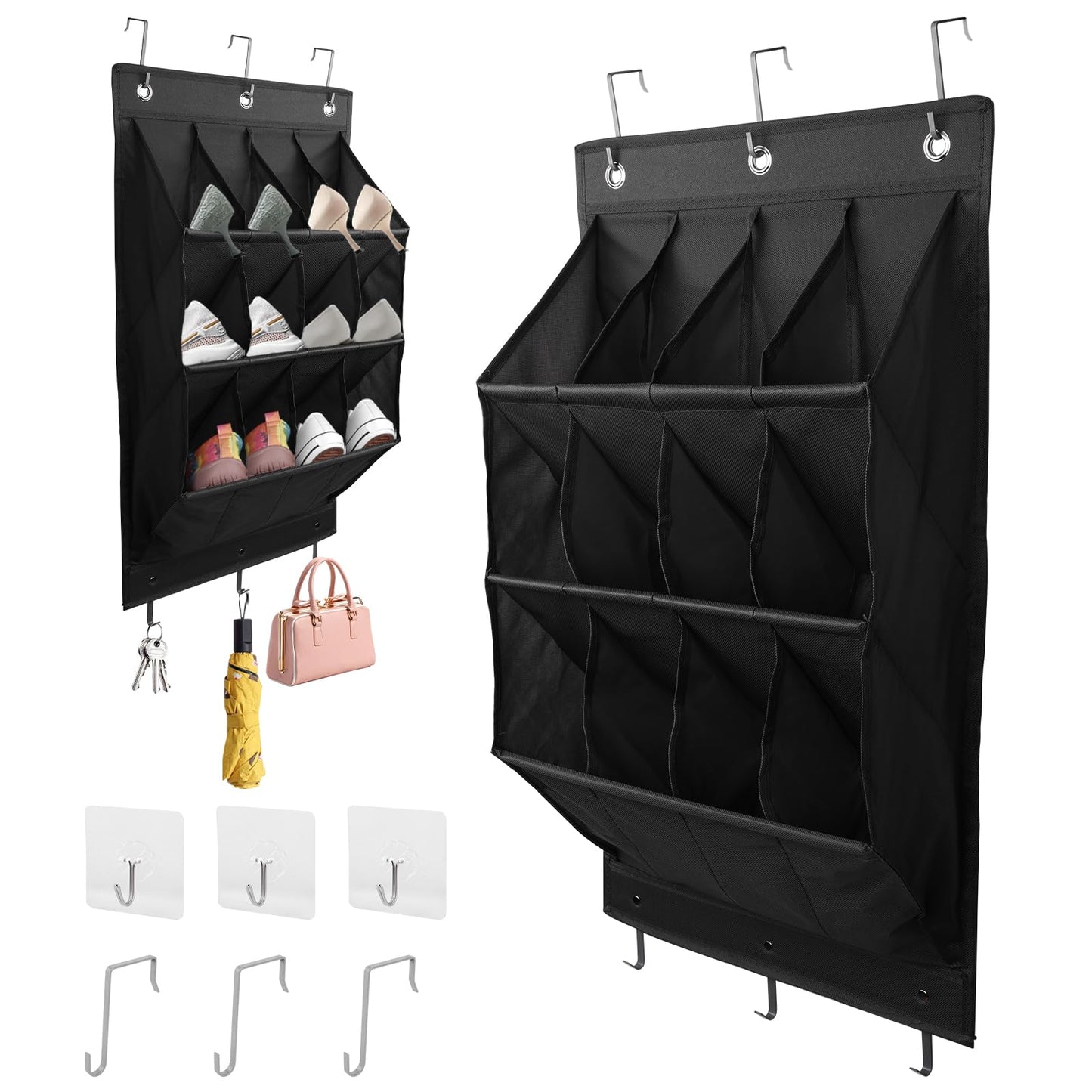 FitRepa Hanging Shoe Storage with 12 Pockets Storage Over Door Shoe Rack, Door Shoe Rack Hanging with 3 Metal Hooks and 3 Self-Adhesive Hooks for