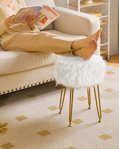 IBUYKE Faux Fur Vanity Stool with Storage, Makeup Chair, White WBD021W