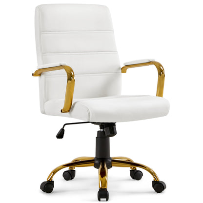 Yaheetech Mid-Back PU Leather Swivel Chair Gold Leg & Lumbar Support, White