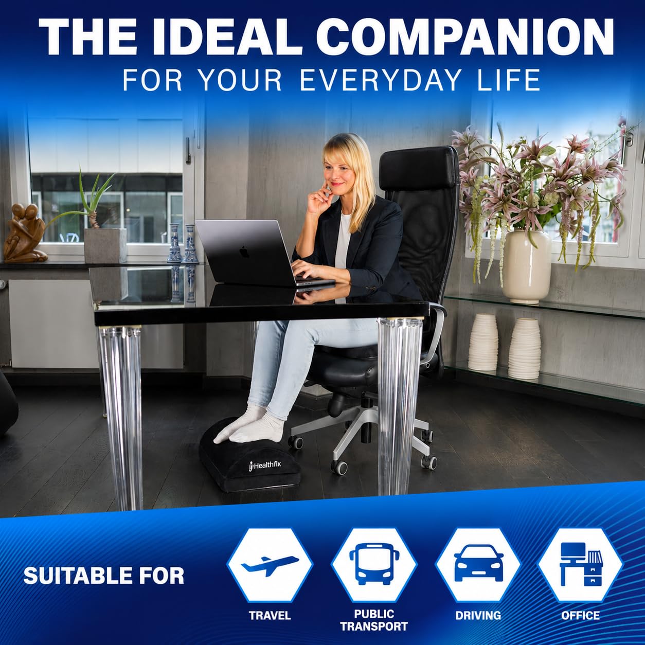 Healthfix® Ergonomic Footrest for Desk etc. Improved sitting posture thanks to height-adjustable footrest with integrated fluffy foot pocket