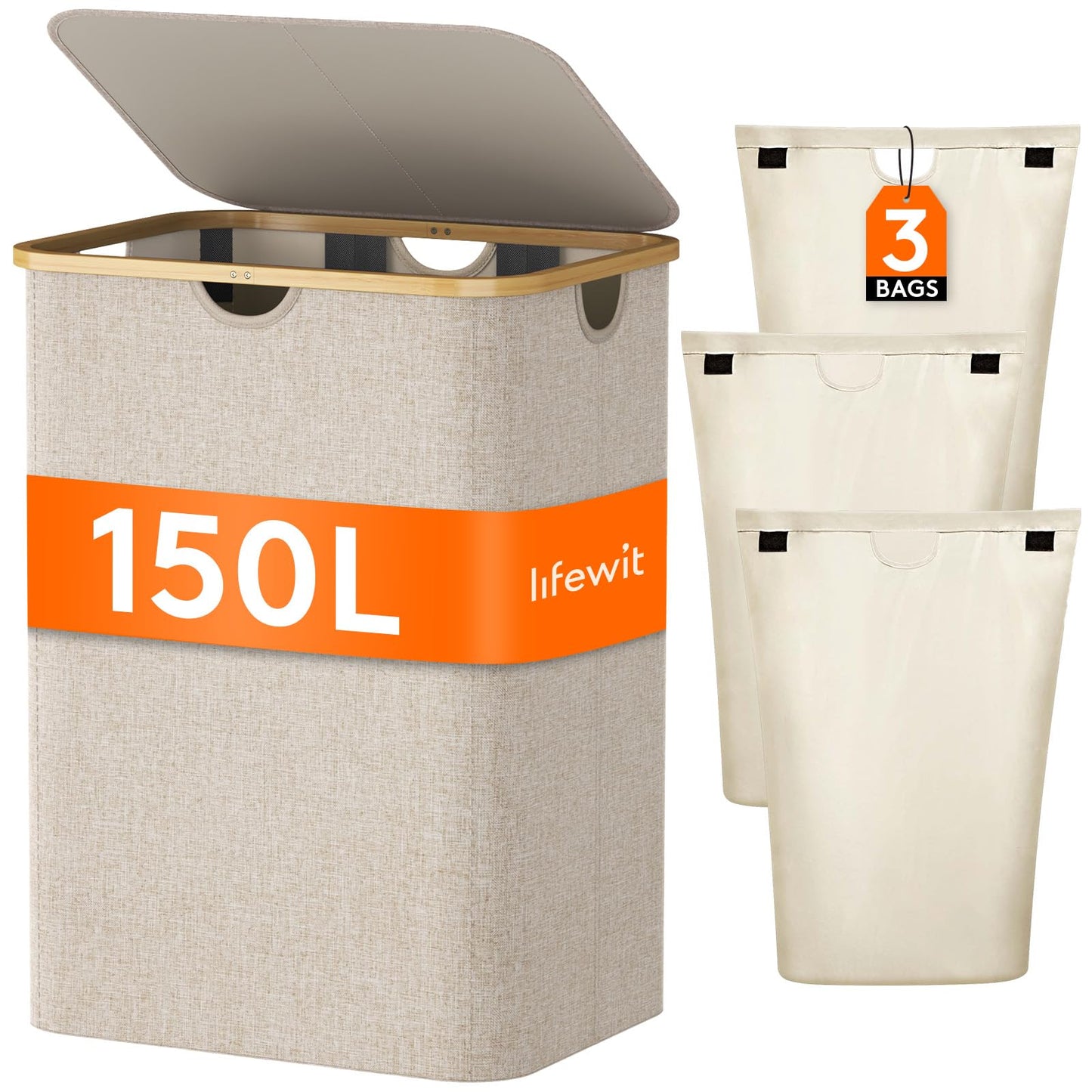 Lifewit 150L Laundry Basket with Lid 3 Compartments, Large Washing Basket with Removable Laundry Bags and Bamboo Handles, Clothes Hampers for Laundry,