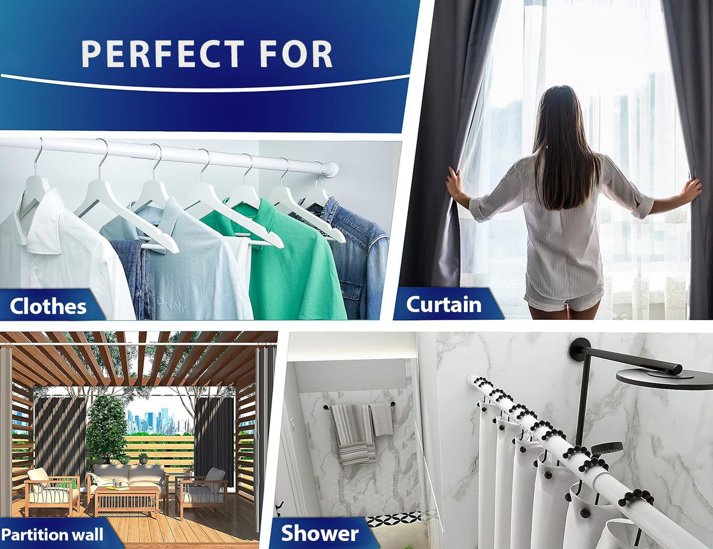 MEISENBERG Extendable Curtain Poles White, Shower Curtain Pole 160-210 cm - Ø 32 mm Diameter, Small Tension Rod - for Living Room