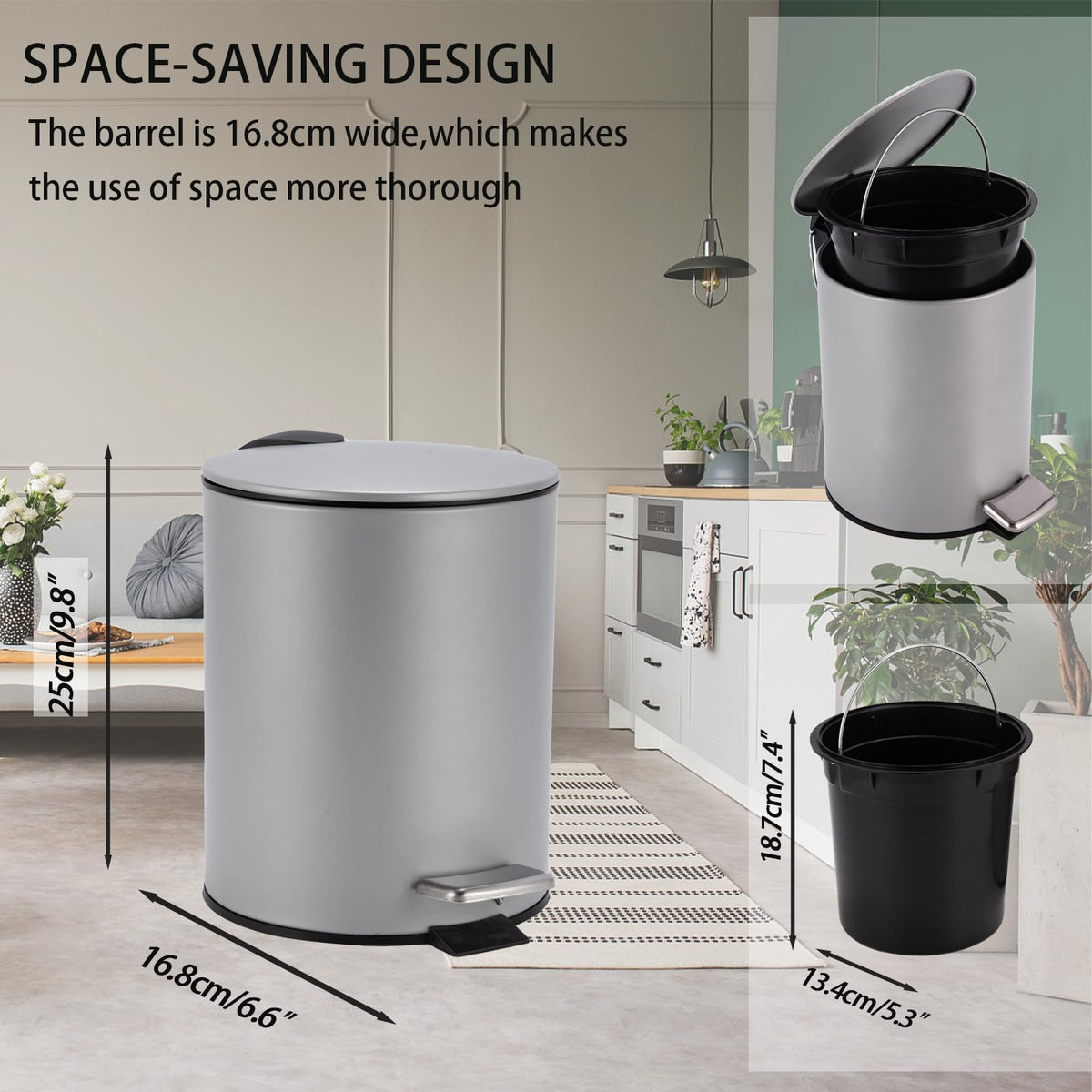 Bathroom Bin with Loo Brush Set, 3L Slim Round Stainless Steel, Grey