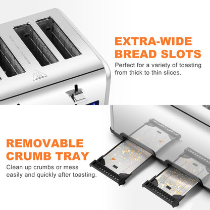 Toaster 4 Slices, Cusimax Stainless Steel Toaster with Ultra-Clear LED Display & 4 Extra-Wide Slots, Defrost/Reheat/Cancel Function, 6 Browning