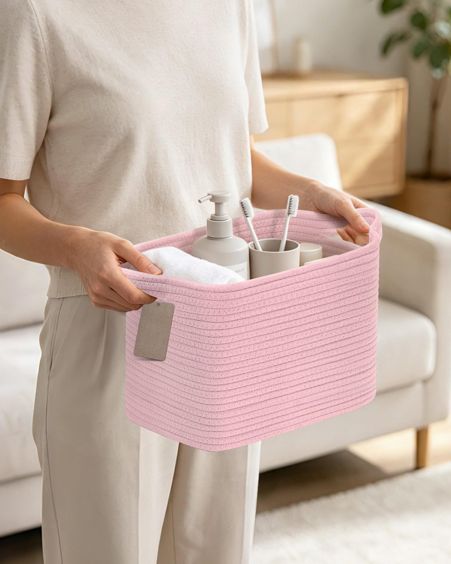 JOJOSEE Small Cotton Woven Storage Basket for Shelves, Pink, 3PCS