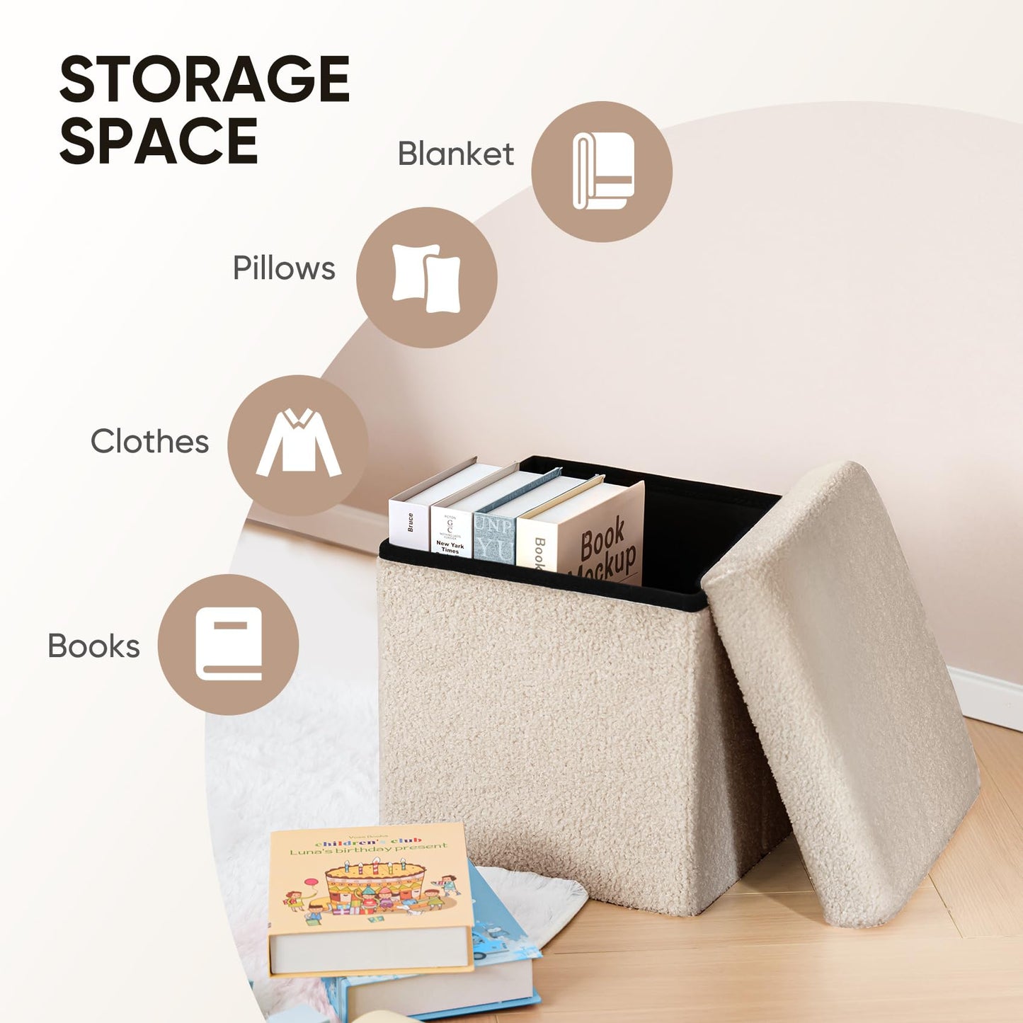 Bonlife Small Folding Storage Ottoman, Foot Rest Stool Seat Sherpa Ottoman with Storage for Bedroom,Living Room,Beige,32X32X32cm