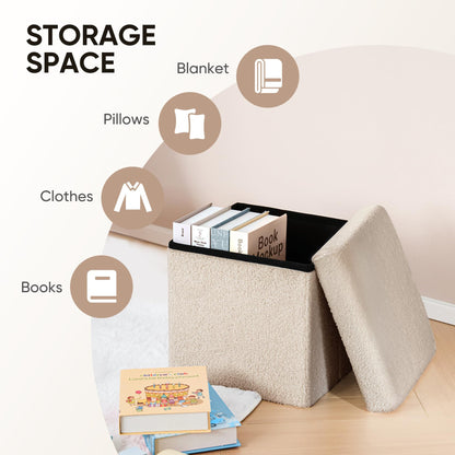 Bonlife Small Folding Storage Ottoman, Foot Rest Stool Seat Sherpa Ottoman with Storage for Bedroom,Living Room,Beige,32X32X32cm