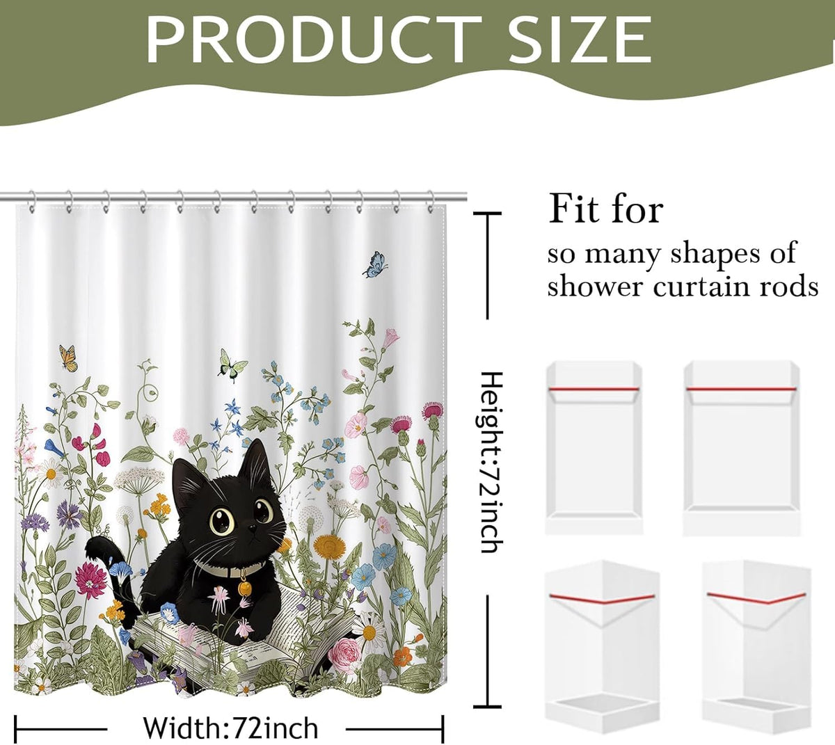 Avezano Cat Shower Curtain Cute Black Cat Floral Bathroom Shower Curtain Flower Kids Waterproof Fabric Shower Curtains Bathtub Decor with 12 Hooks 72