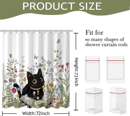 Avezano Cat Shower Curtain Cute Black Cat Floral Bathroom Shower Curtain Flower Kids Waterproof Fabric Shower Curtains Bathtub Decor with 12 Hooks 72
