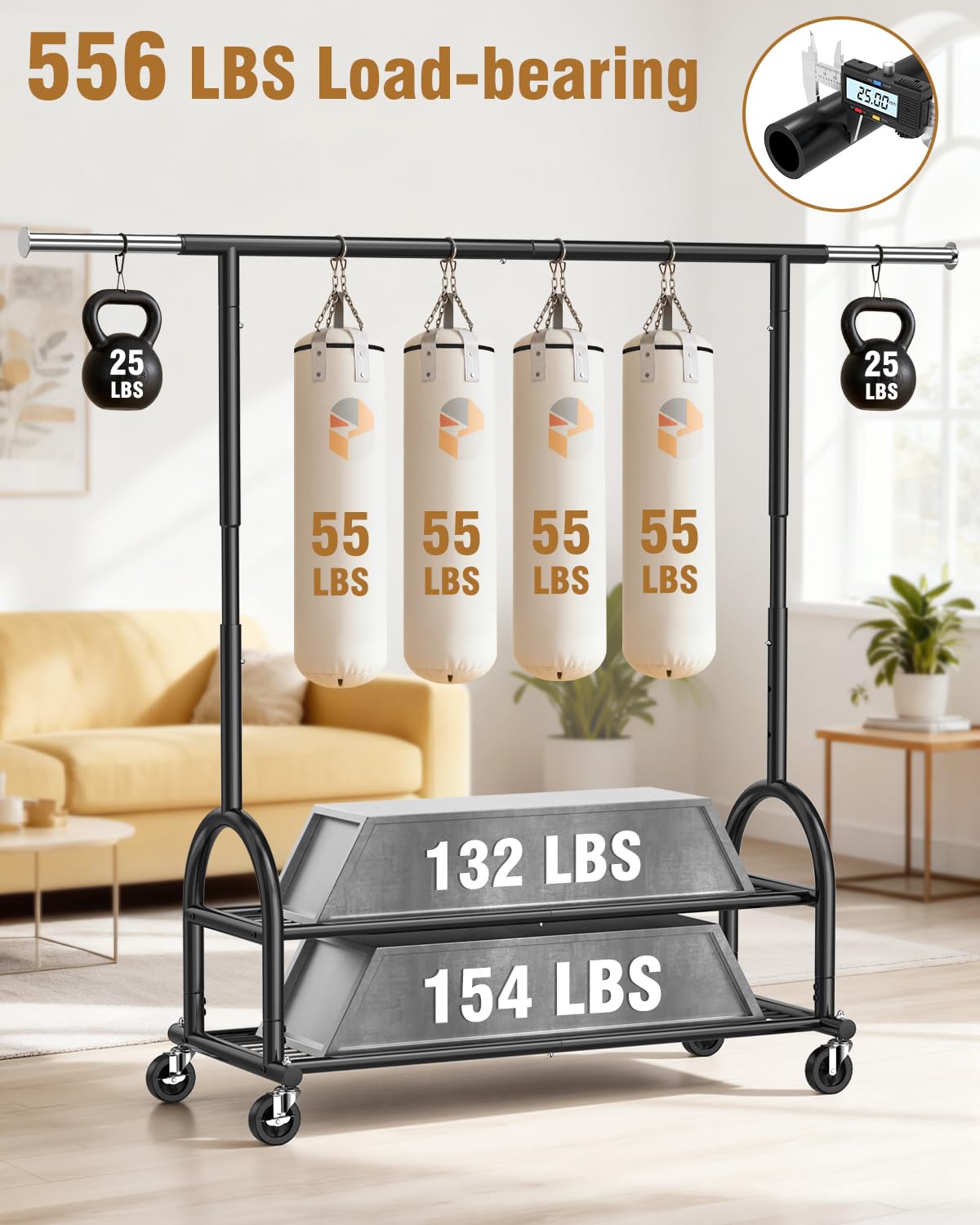 EAGMAK Heavy Duty Clothes Rail Load 252 KG, Rolling clothing Rail with Sturdy Wheels and 2 Shelves, Height Adjustable Metal Coat Racks