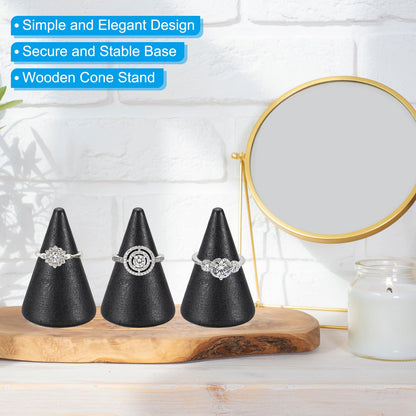 PATIKIL Wood Cone Ring Holder, 6Pcs Wooden Finger Jewelry Ring Display Stand Organizer Wood Cones Rack for DIY Art Crafts, Black (30x30mm)