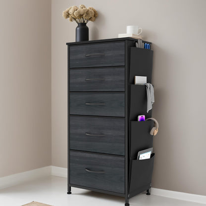 YITAHOME Narrow Chest of Drawers with 5 Drawers, Fabric Drawers with Side Pocket&Hooks,Sturdy Steel Frame,Storage Drawers for Bedroom