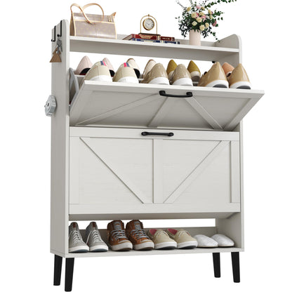 HOME BI Farmhouse Shoe Cabinet with Two Flip Drawers,3-Tier Shoe Storage Organizer with Open Shelf & Top Display,Freestanding Narrow Hidden Shoe Rack