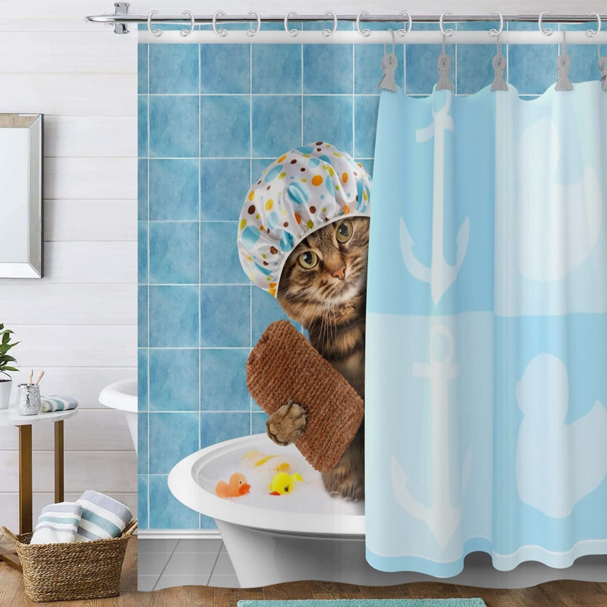 Hnmdmyi Funny Cat Shower Curtain 180x200, Bathing Animal Kitten Shower Curtains Cute Kids Children Blue Bathroom Curtains with Hooks Waterproof