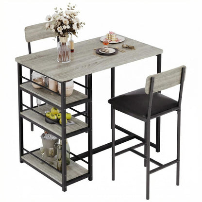 Crevyteg 3-Piece Breakfast Bar Set with 2 PU Leather Stools, Space-Saving Bar Table with 3-Tier Storage Shelf, High-Back Stools for Kitchen/Dining