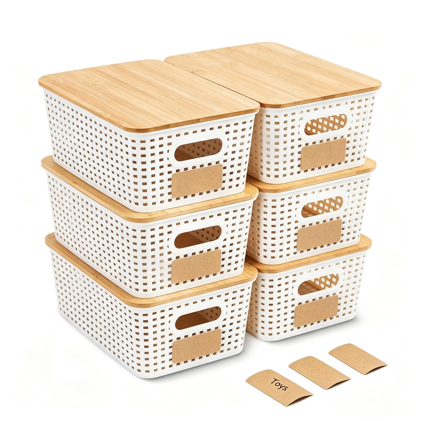 Mangata 6 Pack Storage Boxes with Bamboo Lid, Stackable Storage Baskets White