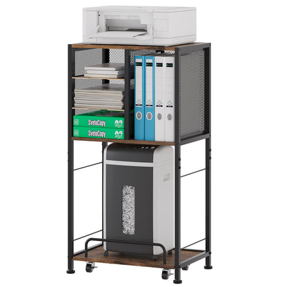 EasyPAG 4 Compartments Metal Wood Floor Standing Printer stand with Storage,Printer Table with Movable Pull-out Shelf Trolley,Printer Shelf for Fax