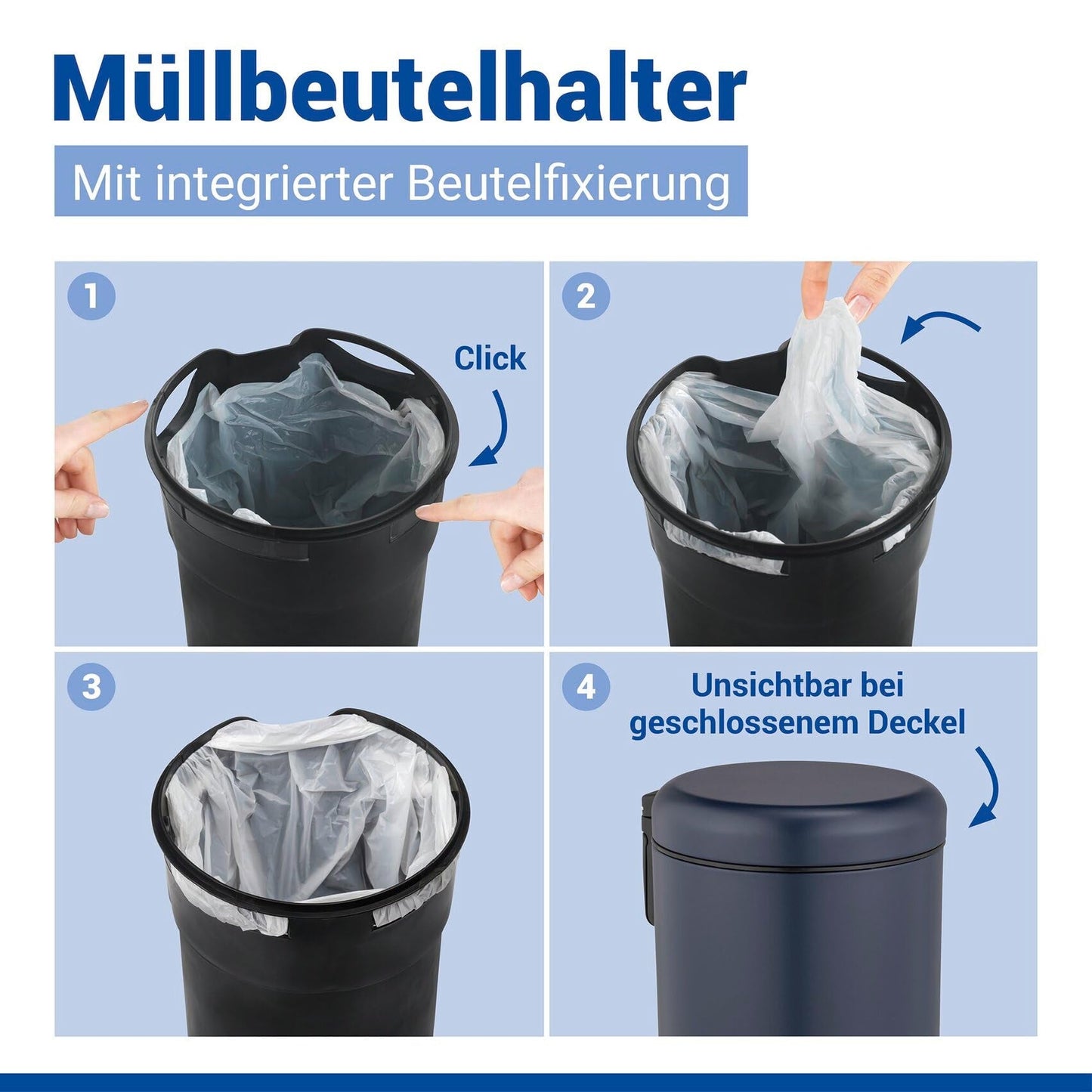 WENKO Leman pedal bin, 3 liters, with removable insert, made of painted steel, 17 x 25 x 22.5 cm, dark blue matt