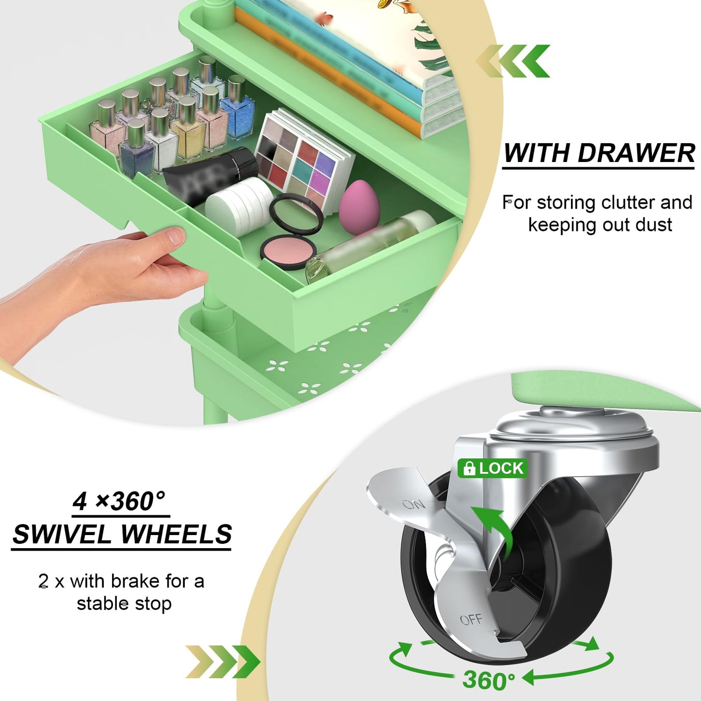 Yeabett 4 Tier Craft Trolley, Storage Trolley On Wheels Utility Cart With Drawer For Kitchen, Bathroom, Office, Living Room, Green