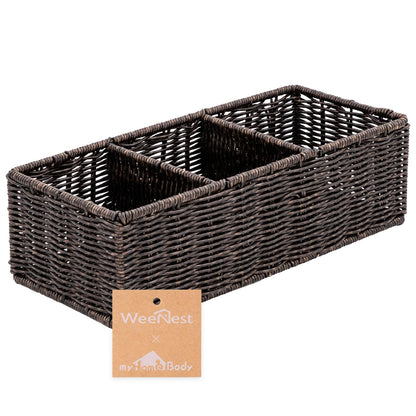 myHomeBody Wicker Basket With 3 Compartments, Bathroom Caddy, Rustic Brown
