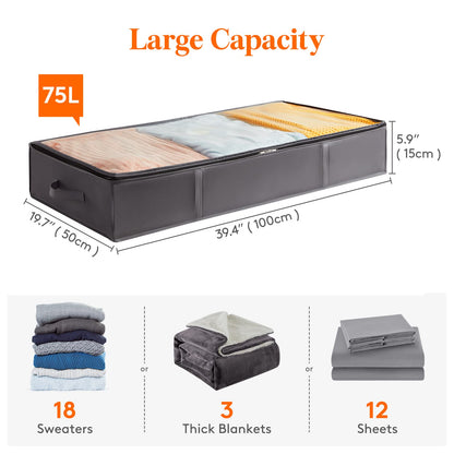 Lifewit 3 Pack 75L Under Bed Storage, Underbed Storage Boxes with Lid Clothes Storage Bag Wardrobe Storage Organiser with Reinforced Handle