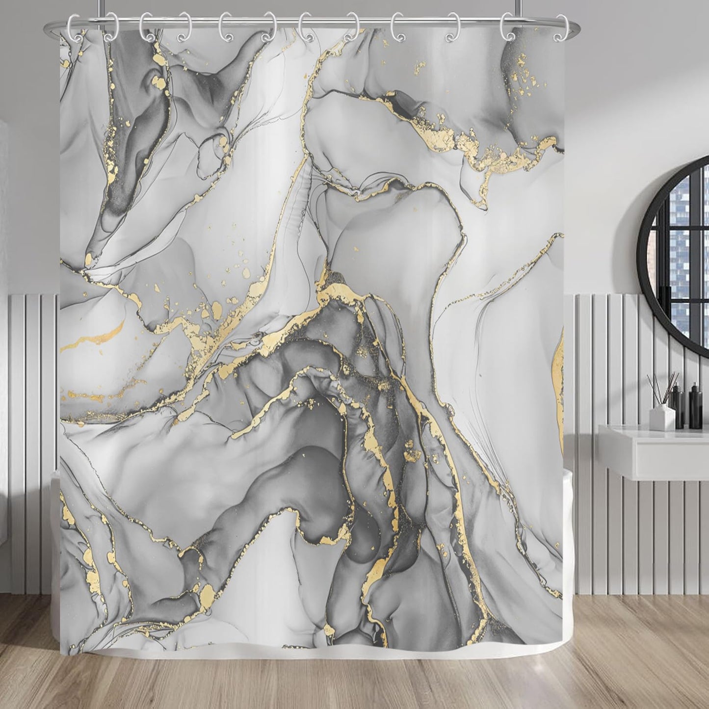 Hnmdmyi Marble Shower Curtain 90x180, Grey Gold Abstract Marble Bathroom Curtains Luxury Modern Aesthetic Art Ink Texture Waterproof Polyester Fabric