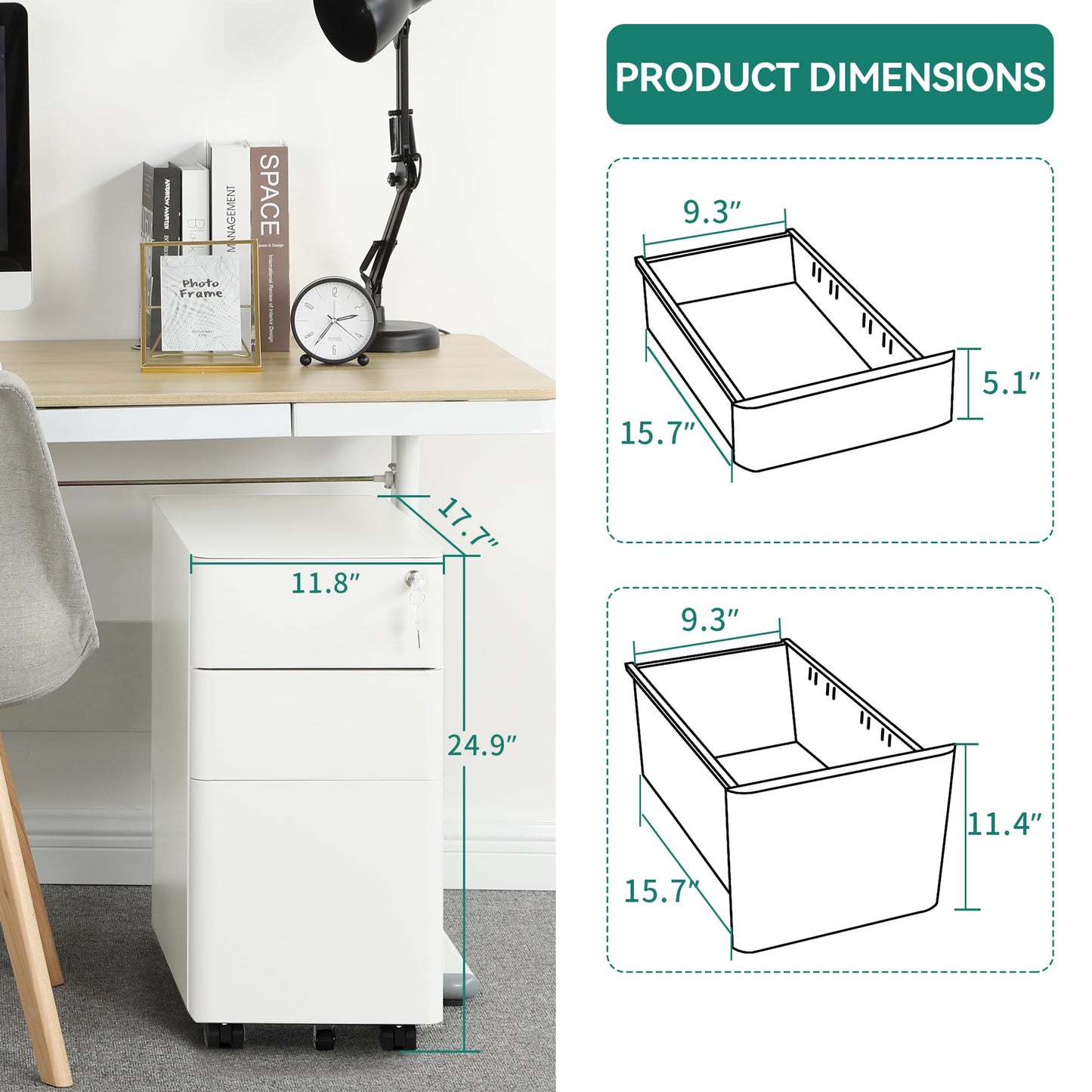 YITAHOME 3-Drawer Metal Filing Cabinet Office Drawers with Keys, Compact Slim Portable File Cabinet