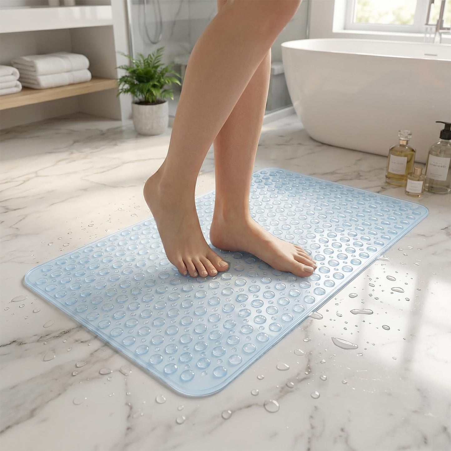 Rugs Garden Shower Bath Mats - Washable Non Slip Anti Mould Rubber Bathmat with Suction Cups for Bathtub and Bathroom (Sky Blue, 38x70 cm)