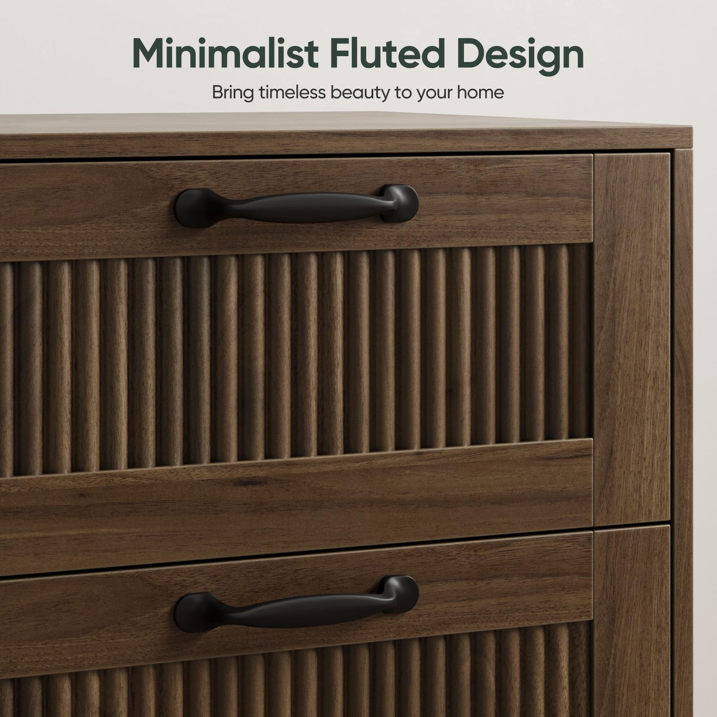 Smart FENDE Fluted Nightstand with 2 Drawers, Bedside Table with Solid Wood Legs, Mid-Century Modern End Table for Bedroom, Living Room, Walnut