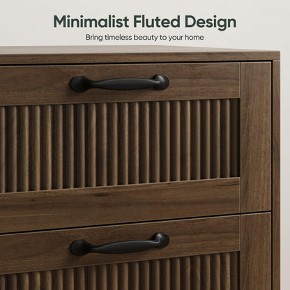 Smart FENDE Fluted Nightstand with 2 Drawers, Bedside Table with Solid Wood Legs, Mid-Century Modern End Table for Bedroom, Living Room, Walnut