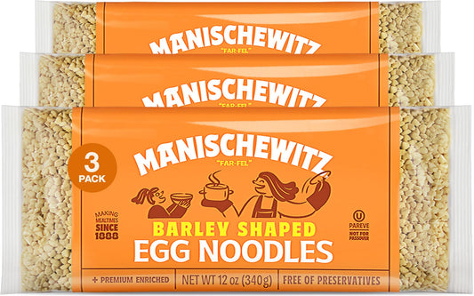 Manischewitz Barley Shaped Enriched Egg Noodles, 340g (Pack of 3) Makes a Great Homestyle Farfel, No Preservatives, Low Sodium