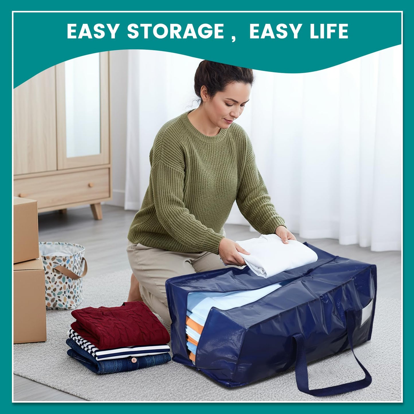 Dntorx 6 Pack Moving Bags with L Zip, 90L Heavy Duty Storage Totes, Blue