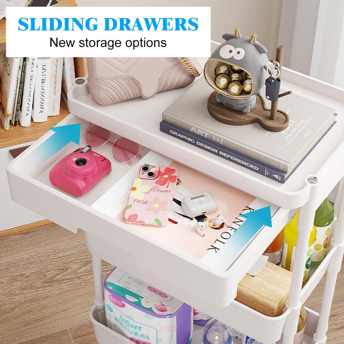 DUOJIN 3 Tier Plastic Rolling Utility Cart with Handle, Multi-Functional Storage Trolley with Mesh Baskets and Lockable Wheels for Bathroom Kitchen
